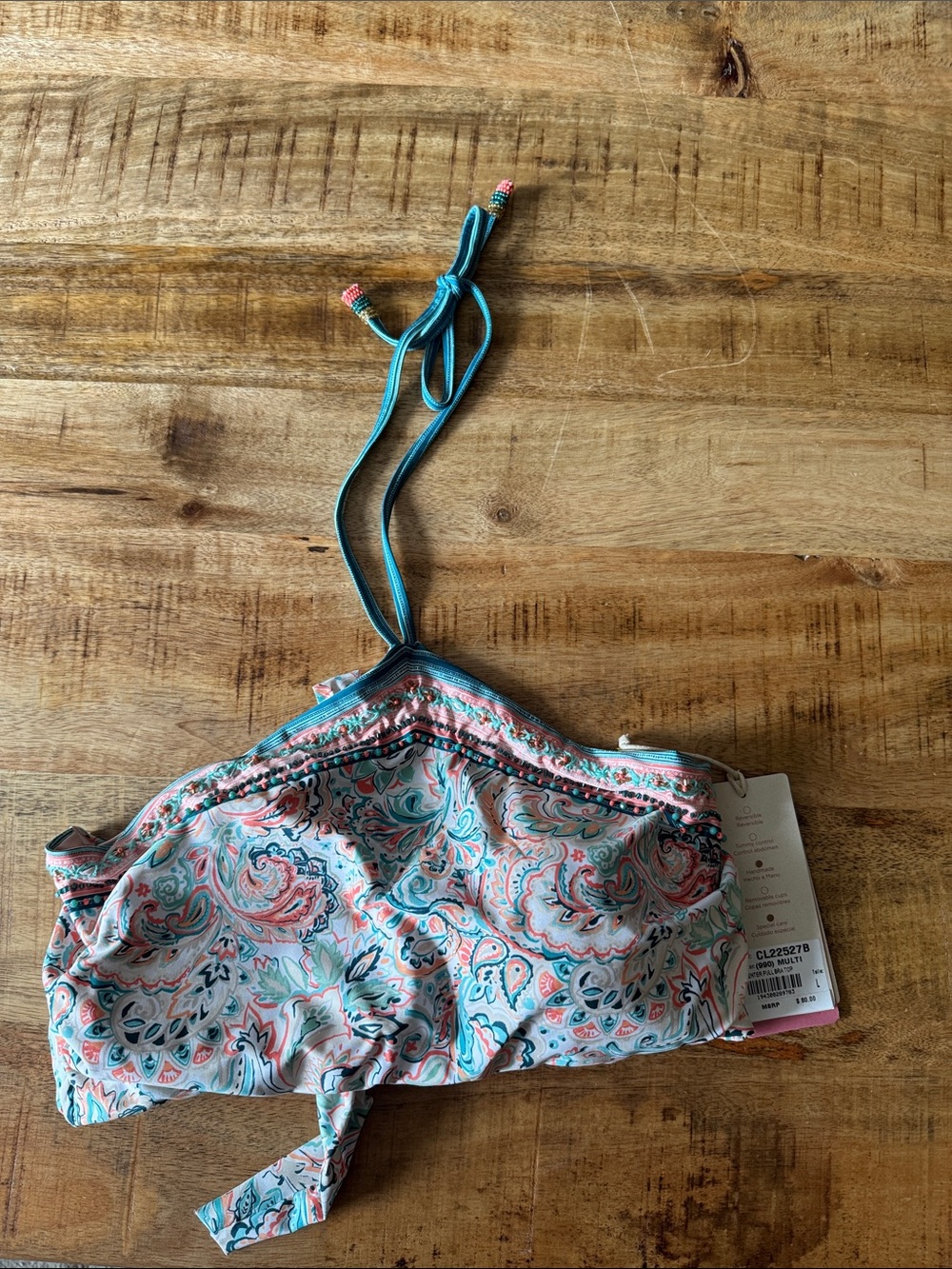 Cosita Linda Paisley Print Halter Bikini Top in Turquoise & Coral beaded NEW NWT